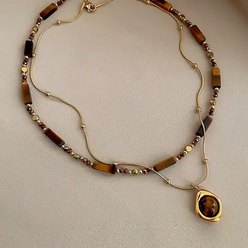 Women's Stainless Steel Necklace Set, Vintage Artificial Tiger's Eye Stone Pendant Jewelry, Artificial Gemstone Necklace for Daily Wear & Gifts, Layered Necklaces, Fashion Accessory Necklace, Fashion Necklace (The color of the stone is random)