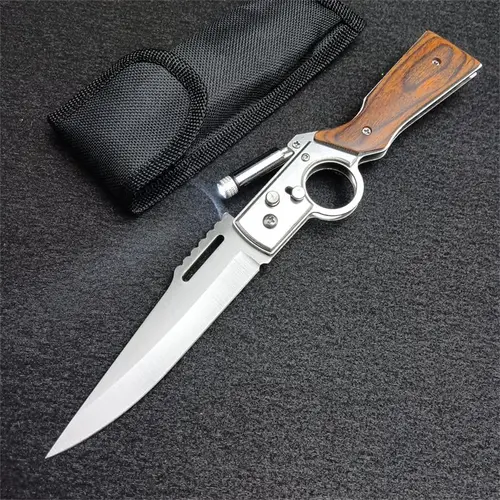 AK-47 Pocket Folding Knife - 5C13Mov Steel, Wooden Handle, LED Light, Pocket Clip - Outdoor Camping EDC Knives, Camping Gear