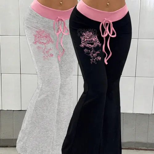 Women's Knitted Colorblock Print Bell Bottom Pants, Bohemian Bottom, Fashion Casual Punk Style Long Trousers Set, Slim-Fitting All Seasons Wear, Bell Bottomed Pants