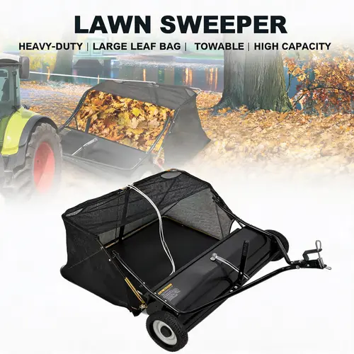 【GARVEE】Tow-Behind Lawn Sweeper – Durable Gardening Tool with Large Capacity, Heavy-Duty Design, Adjustable Sweeping Height, Convenient Dumping Rope, Fold for Storage for Efficient Leaf & Grass Collection, Durable Gardening Tools