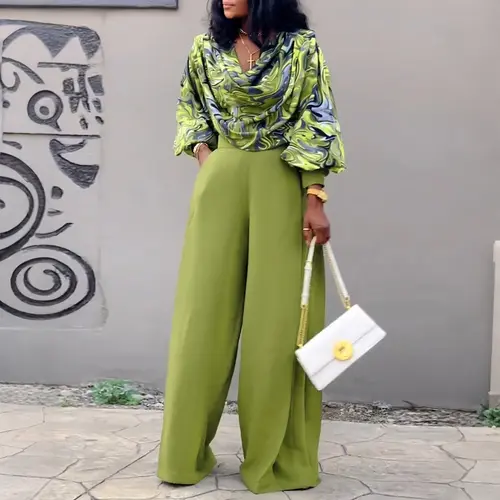 2026 CHICME Women's 2 Pieces Outfit Abstract Print Cowl Neck Lantern Sleeve Loose Top and Casual Ruched Slit Wedding Guest Wide Leg Pants Wedding Set Abstract Print Set Perfect