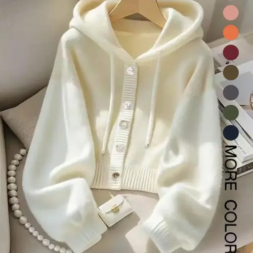 Autumn Winter New Soft Comfortable Hooded Sweatshirt Jacket, Lazy Style Unique Design Casual Fashion Knit Cardigan, Elegant Long Sleeve Top, Button, Casual Chic Knitwear