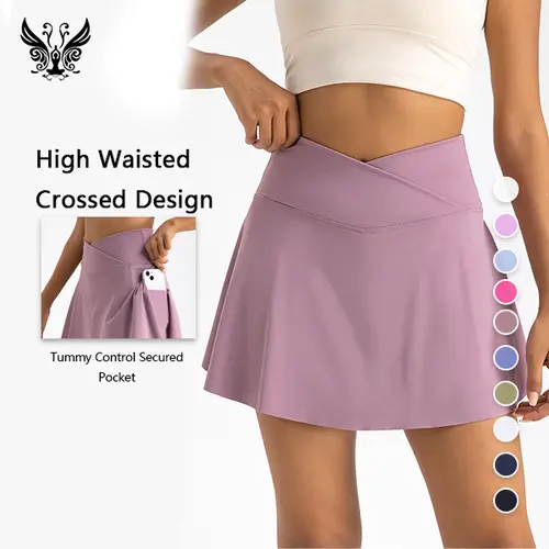 Yizhen Sports Multi-Size Crossover High-Waist Active Skort - Tennis Attire, Sporty Chic, Above the Knee, Elastic Breathable Solid Color Fabric, Hands-Free Pockets, for Tennis, Golf, Casual Wear