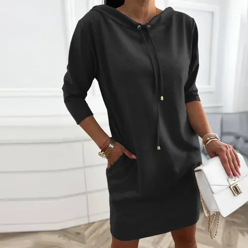 CHICME Women's Stand Collar Drawstring Three Quarters Sleeve Casual Sweatshirt Dress
