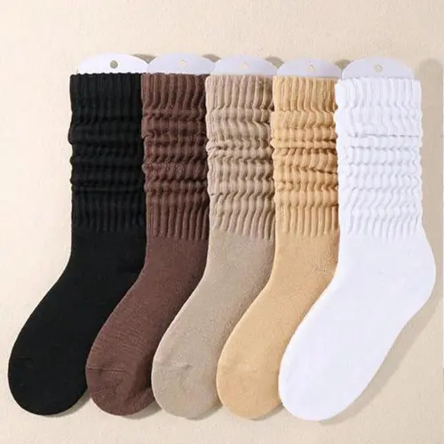 Women's Minimalist Ruffle Mid-Calf Crew Socks 5-Pack - Soft Slouch Fit, Solid Color, Breathable, Durable, Dry Clean Compatible Casual Socks for Women & Adults
