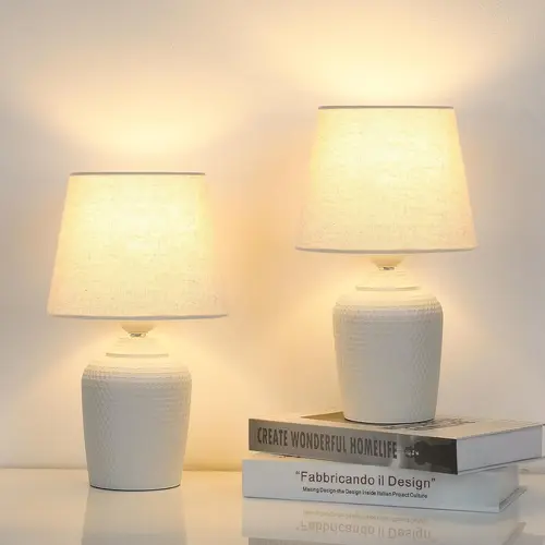 MATULSA Small 12'' Table Lamps Set of 2, Bedside Nightstand Lamps for Bedroom Kid’s Room, Cute Desk Lamps with Studded Texture Base for Reading Nursery Living Room Office, White & Beige,dorm essentials,home decor,home essentials,camping essentials