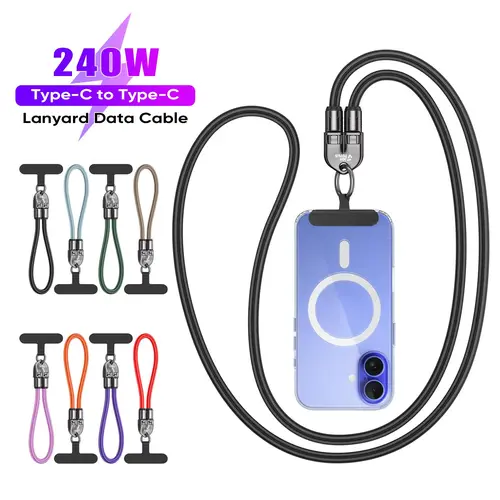 Joytutus 240W USB-C Fast Charging 3-in-1 Mobile Charger - 4ft 7mm Nylon Crossbody Neck Strap, Durable Data Sync Cable for iPhone 16/15, Samsung, Pixel, Hiking/Light Outdoor Charging Solution, Phone Accessories (Metal Black),back to school