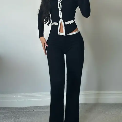 DOUCIU Autumn French Intellectual Elegance Commuting Casual Versatile Simple Women's Thin Contrast Color Button Cardigan Long-Sleeved Top & Trousers Two-Piece Set, Lady, Pants Suit