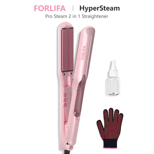 FORLIFA HyperSteam Pro 2-in-1 Steam Hair Straightener, 1.5-Inch Wide Infrared Flat Iron with Ultrasonic Mist, 5 Heat Settings, Dual Voltage & 30-Min Auto Shut-Off, Pink, Bottle & Heat Glove Included