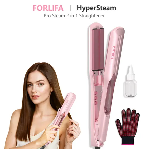 FORLIFA HyperSteam Pro 2-in-1 Steam Hair Straightener, 1.5-Inch Wide Infrared Flat Iron with Ultrasonic Mist, 5 Heat Settings, Dual Voltage & 30-Min Auto Shut-Off, Pink, Bottle & Heat Glove Included