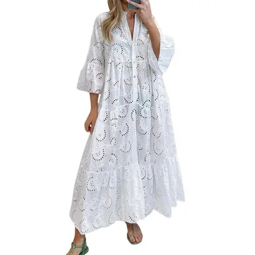 Chouyatou Women's 2026 Lace Eyelet Embroidery Maxi Dress V-Neck Trumpet Sleeve Boho Flowy Swing Dress