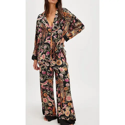 Women's Fall Loungewear Set Stripe/Plaid/Stripe Print Long Sleeve Lapel Button Tops Long Pants Fall Sleepwear Womenswear Pajamas