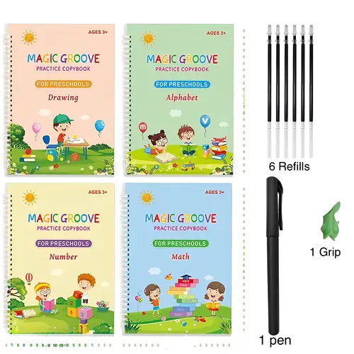 Magic Practice Copybook Reusable Practice Set - 4-Book Calligraphy Learning Tool with Pens for Preschool Kids Age 3-8, Preschool Learning Materials