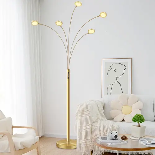 MATULSA  LED Arc Floor Lamp with Remote, 2250LM Dimmable Gold Floor Lamp with Timer, Adjustable Colors, Brightness & 5 Adjustable Arms, Multi-Head Tall Tree Standing Lamp for Living Room Bedroom Corner Office Modern Mood Lighting