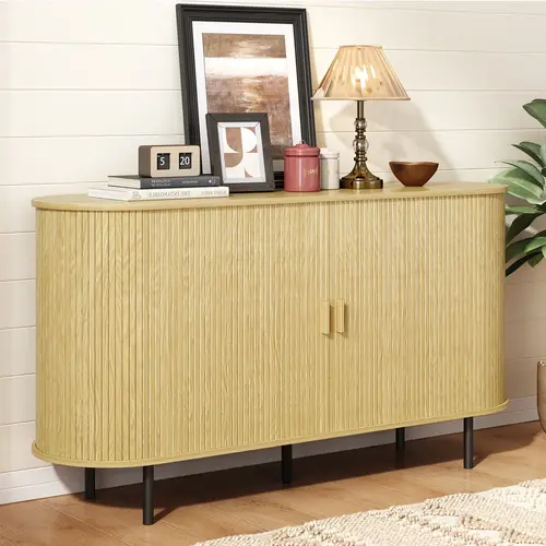【SummerFinds】ONBRILL 55" Wood Farmhouse Sideboard Storage Cabinet - Narrow Space-Saving Console Table with 2 Drawers, Sliding Doors, Curved Edges, Adjustable Shelf, Assembly Required for Hallway, Living Room