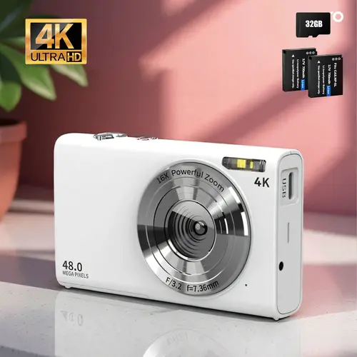 Pocket Digital Camera, 4K Autofocus Vlogging Camera with Flash, 48MP Point and Shoot Digital Camera with 16X Zoom, Anti-Shake, 32GB Card, Portable Compact Camera for Teens Adult Beginner (White), Camera Digital, Micro Sd #SummerVibes