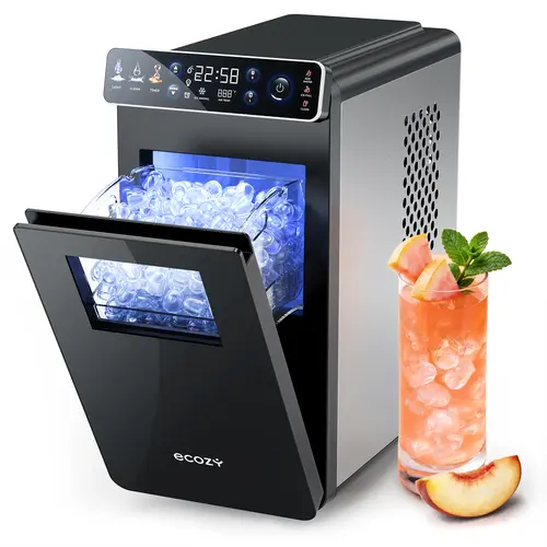 <Ice on Tap for Every Match> ecozy Ice Makers Countertop, Full-Color Smart Panel Ice Machine with Internal Lights, 26lbs/24H, Double-Layer Insulation, Two Ice Sizes, Portable Ice Maker with Self-Cleaning for Home/Office/Bar