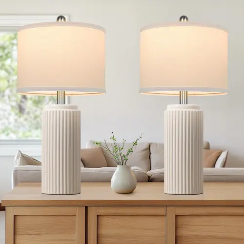 MATULSA  23.5'' Farmhouse Table Lamps for Living Room Set of 2, Ceramic Bedside Nightstand Lamps with White Linen Shade for Bedroom, Coastal Lamps Set for Study Home Office,dorm essentials,home decor,home essentials,camping essentials