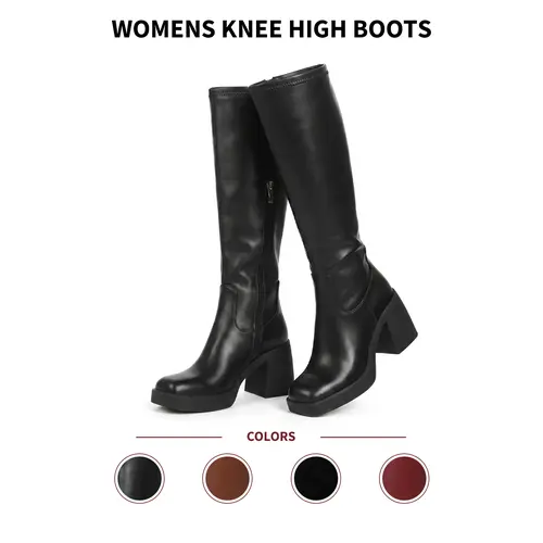 VIMISAOI Women's Knee-High Boots - Square Toe, Chunky Block Comfortable Heels, Side Zipper, PU Leather Footwear with Grunge Aesthetic & Alternative Style for Office, Date, Everyday Wear