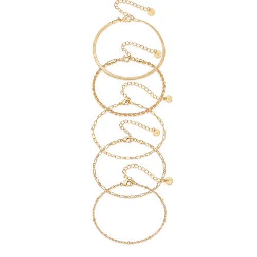 PAVOI 14K Gold Plated Chain Bracelet Pack for Women - Jewelry Set of 3 & Set of 5 Stackable Bracelets - Station Ball Serpentine Paperclip Snake Rope Figaro Beaded Chains