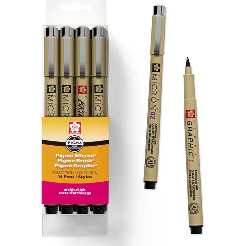 SAKURA Pigma Micron Series Black Ink Multi-Tip Pen Set - 16 Pack, Japanese Stationery, Artist Quality Fine Point Pens with Refills, 1 each of 003,005,01,02,03,05,08,10,12; 2 plastic nib,2 brush,1-3 graphic, Drawing Supplies for Artists/Office, Fine Point