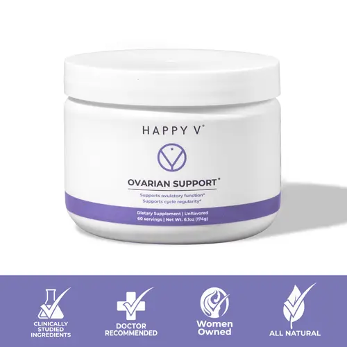 Happy V Ovarian Support Powder - Myo-inositol & D-Chiro-Inositol Daily Supplement for Hormonal Balance & Estrogen Metabolism - 60 Servings - Formula for PCOS & Acne