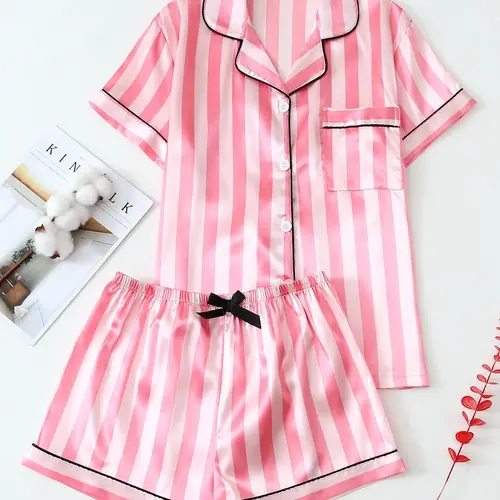 Women's Two-Piece Satin Pajamas Set, Brown Wide Stripe, Short Sleeve Lapel Top & Bow Shorts, Comfortable Loungewear for Spring & Summer, Casual Summer Loungewear