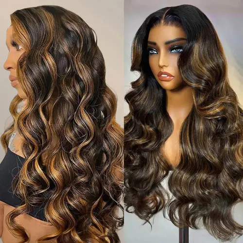 OQ Hair Highlight Balayage Color Body Wave Wig 200% Density Middle Part Wear Go T Part Lace Pre Plucked Human Hair Wigs With Smart Clips #SohoChic #TikTokShopBackToSchool
