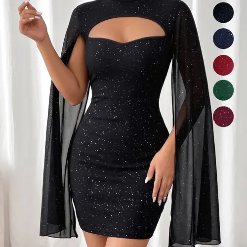 Spring & Fall Fashion Elegance Sexy Short Mini Bodycon Fit Dress, Formal Dress, Shawl Mesh Design, Cape Sleeves, Sparkling Sequins, Trendy Statement Evening Party Dress, Womenswear