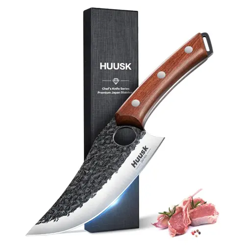 Huusk Japanese High Carbon Steel Butcher Knife - Wooden Handle, Balanced Blade, Steady Grip, Ergonomic Design for Meat Cutting, Cooking, Camping - Birthday Gift for Men