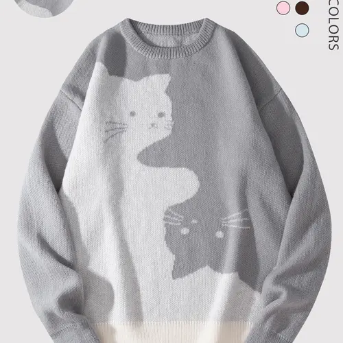 Men's Knitted Baggy Long-Sleeve Round Neck Cat Print Sweater - Soft Polyester Fabric, Autumn/Winter Work Office Casual Tops, Ideal Gift, Whimsical Cartoon Streetwear
