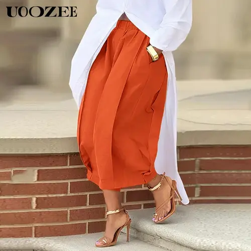 UOOZEE Women's 100% Cotton Solid Basic Capri Pants - Soft Fabric, Mid Waist Elastic Band, Pockets, Summer Breathable Loose Lantern Bottom, Fit Style, Casual Womenswear (Note: Waist Runs Large; Check Size Guide or Order 1 Size Down)