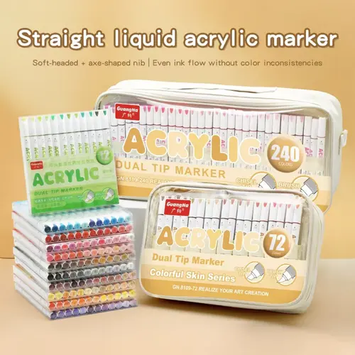 GuangNa Double-Headed Acrylic Paint Pens, 12/72/240-Count Colorful Marker Set, Professional Non-Transparent Office Stationery with Rich Color Layering for Artists, Acrylic Paint Pen