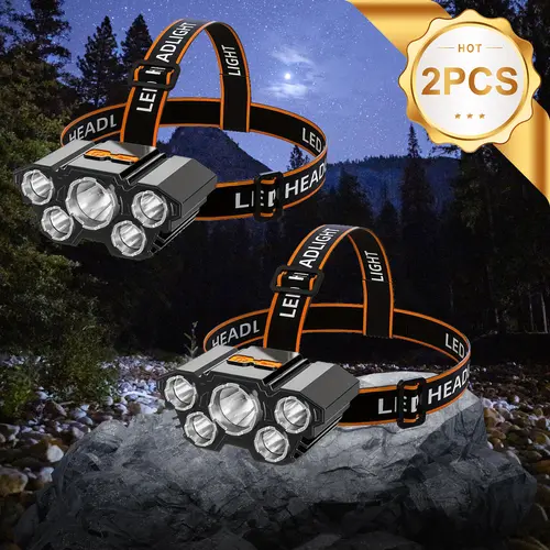 Super Bright 5 LED Rechargeable Headlamp - USB Powered, 150m Beam Distance, 3 Lighting Modes + Strobe Function, Portable Rechargeable Lighting, Powerful Light, Bright LED Torches for Camping Emergencies