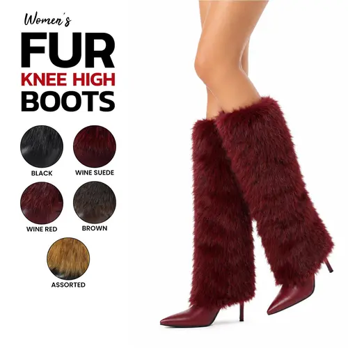 VIMISAOI Women's Knee High Footwear - Faux Fur Pointed Toe Stiletto Heels, Side Zipper, Fold Over, Wide Calf, Comfy Plush, Elegant Tall Modern, BF Style, Stiletto Heel Adds Instant Height, Pointed Toe Glam, Fall Party Dress Shoes
