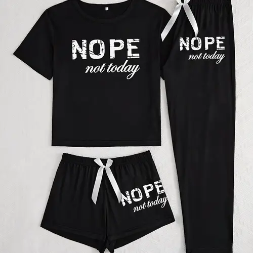 Women's Casual Letter Print Pajama Set, Three-Piece Sleepwear for All Seasons, Fitted Kint Fabric, Comfortable Nightwear