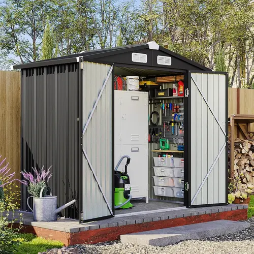 Aoxun 6x4 FT without base Outdoor Storage Shed Metal Garden Tool Shed with Sloping Roof & Lockable Door Durable Galvanized Steel Waterproof for Patio Lawn Backyard