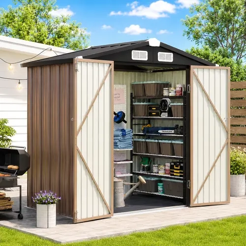 Aoxun Weatherproof Metal Steel Garden Shed with Floor, Heavy-Duty Anti-Rust Galvanized Steel, Double Doors, Ventilation, Easy Installation for Backyards Bike/Generator Organization (Brown)