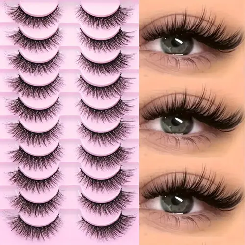 Natural Look Hypoallergenic 10 Pairs 3D Faux Mink Eyelashes, Fluffy Cat Eye Lashes, Fluffy False Eyelashes, 13mm Long for DIY, Stage, Daily Wear, Wispy Lashes, D Curling Lash Strips, Reusable
