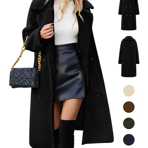 UMIPUBO Women's Long Sleeve Fuzzy Lapel Open Front Fleece Long Cardigan Jacket - Black, Casual, Warm Faux Fur Outerwear, Tops