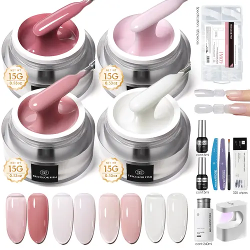 TRICOLOR FISH 3-in-1 Builder Gel Manicure Kit, 4 Smooth Pastel Gel Polish Colors with Base, Glossy Top Coat & Art Pen for DIY Home Nail Extensions & Nail Care, Polygel Nail Kit, 4-Color Set