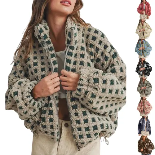 SCUSTY Women Winter Fleece Jacket Plaid Fleece Warm Coat Long-sleeve Zippered Sherpa Jacket with Pockets SohoChic