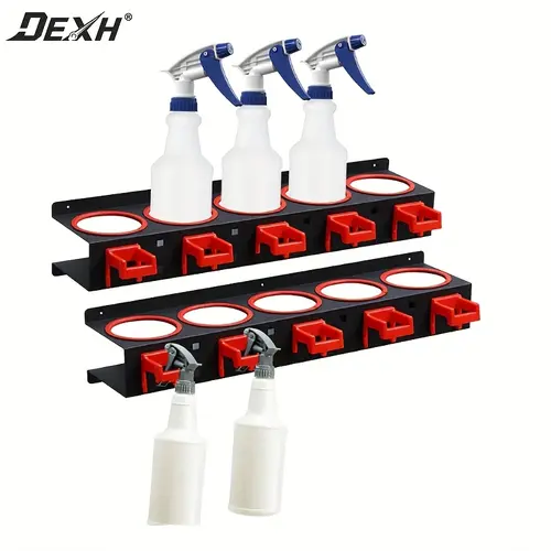 Hanging Durable Sturdy Multifunctional Organizer Rack - Hangable Metal Wall-Mounted 5-Hole Spray Bottle Holder with 5 Plastic Hooks for Automotive & Motorcycle Cleaning Tool Stowing