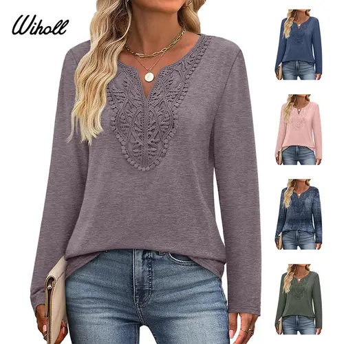 WIHOLL Women's Elegant Boho Long Sleeve Tunic - Lace V-Neck Bohemian Pattern Blouse for Everyday Dressy Casual & Work, Basic Outfit Ideas, Effortless Chic, Comfortable Basic Top