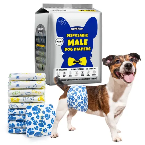 Dono Disposable Male Dog Wraps - Rapid-Dry Gel Tech, Superabsorbent, Breathable, Easy-to-Use, Non-Slip, Leak-Proof, Multi-Size Fits, Paw Print Designs, Travel-Friendly, Puppy Marking Help, Blue Stripe Change, Various Package Quantities for Pet Lovers, Car