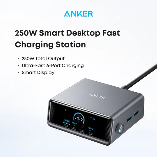 [Live Only] Anker Prime Charger, 250W GaN Prime USB-C Charging Station, Ultra-Fast 6 Ports, 2.26" LCD Display and Smart Control Dial (Silver) sohochic