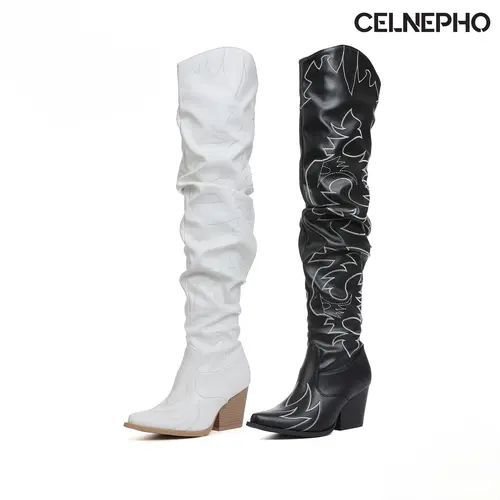 CELNEPHO Women Cowboy Boots Pointed Toe Western Embroidery Design Over the Knee Boots Chunky Block Heel Easy Pull on Cowgirl Boot Work Cosplay Events Date Country Wedding Trendy Dress Shoes