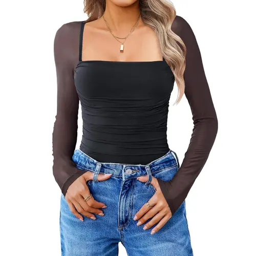Avidlove Women's Square Neck Mesh Long Sleeve Bodysuit Shirts Ruched Body Suit  Sheer Tops Date Night Outfit All-season Thin Runs Small Matching Casual