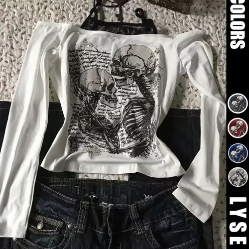 Fashion and casual y2k women's fitted skull Skeleton print Fashion Printed Pattern Halloween shoulder strap top Shirts Long Sleeve Summer Bodycon Fitted Top