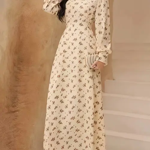 Floral Print Women's Long Sleeve Waist-Centric Woven Dress, Elegant Casual Fashion, Perfect for Spring & Fall Seasons, Womenswear